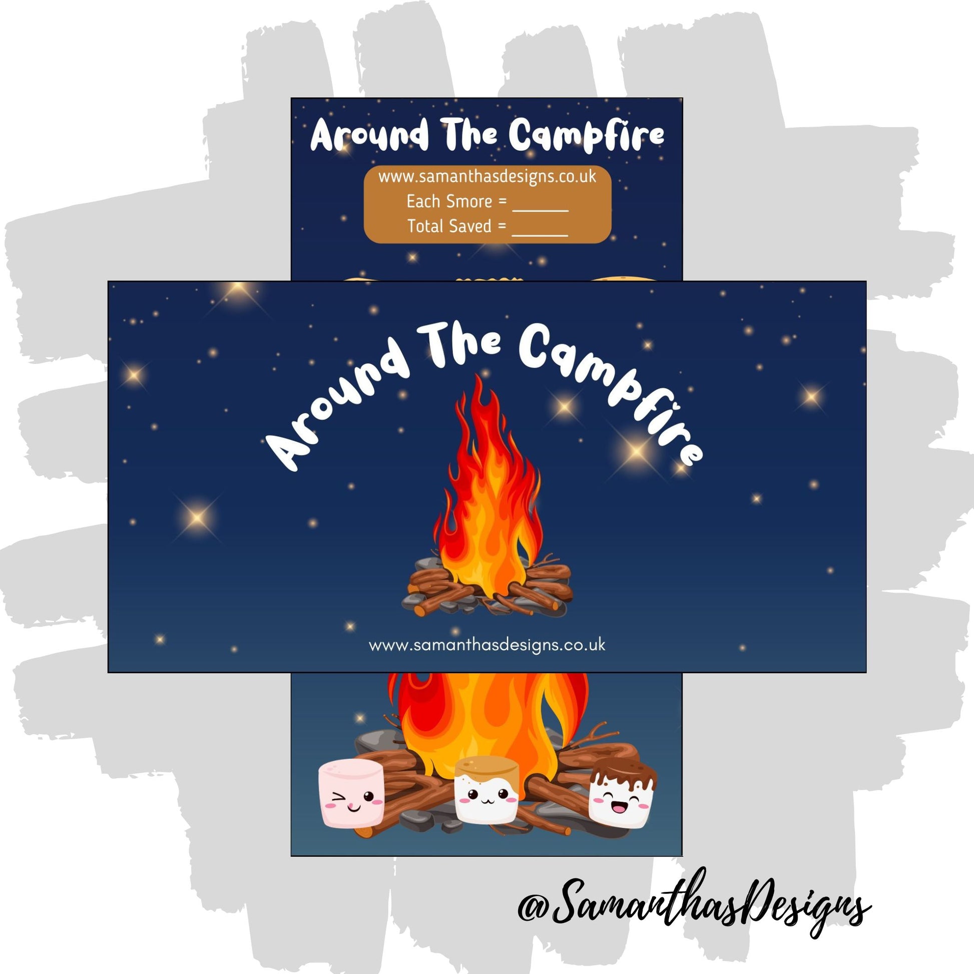 Around The Campfire Savings Tracker with a starry night sky background with a campfire and smore item illustrations