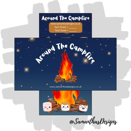 Around The Campfire Savings Tracker with a starry night sky background with a campfire and smore item illustrations
