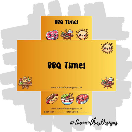 BBQ Time Savings Tracker with bright colourful cartoon BBQ items to mark off as you save on a yellow and orange gradient background