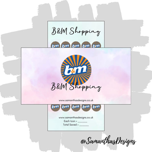 B&M Shopping Savings Tracker and Cover on a blue and purple pastel cloud effect background with the stores logo