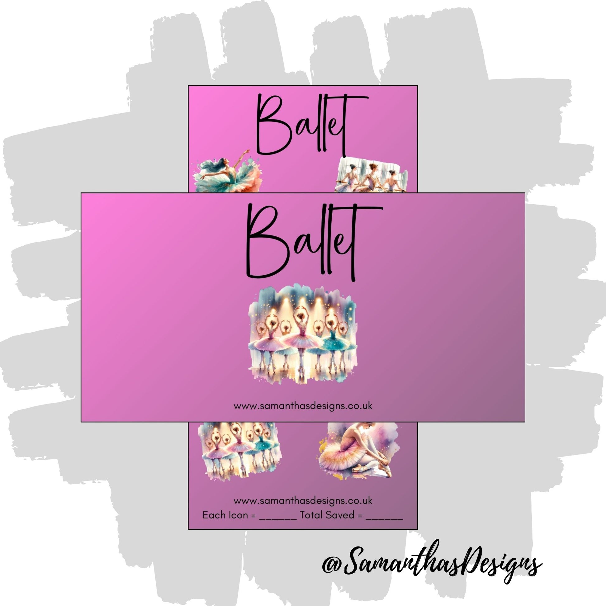 Ballet Savings Tracker is on a pink and purple gradient background with colourful ballet inspired illustrations
