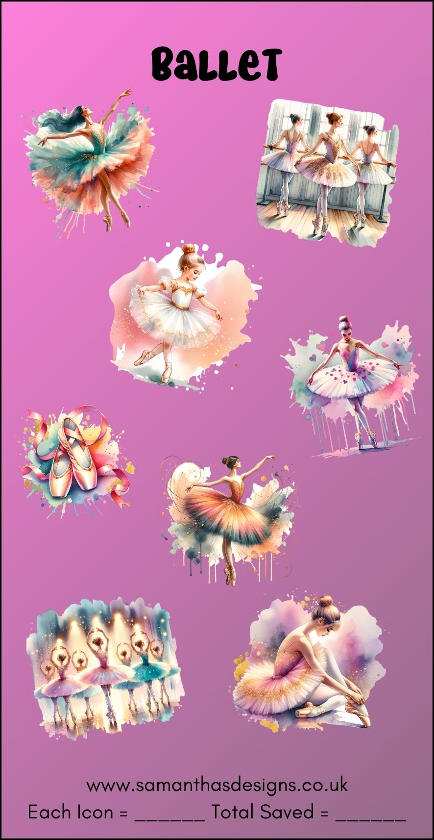colourful ballet savings tracker - cute watercolour images to mark off your saved amount - suitable for any budget and any currency - reusable
