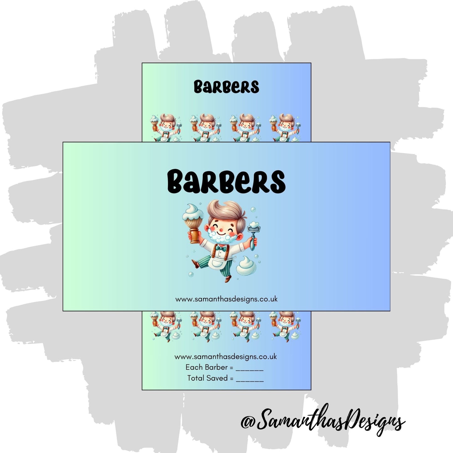 Barbers Savings tracker on a teal to blue gradient background with barber illustrations
