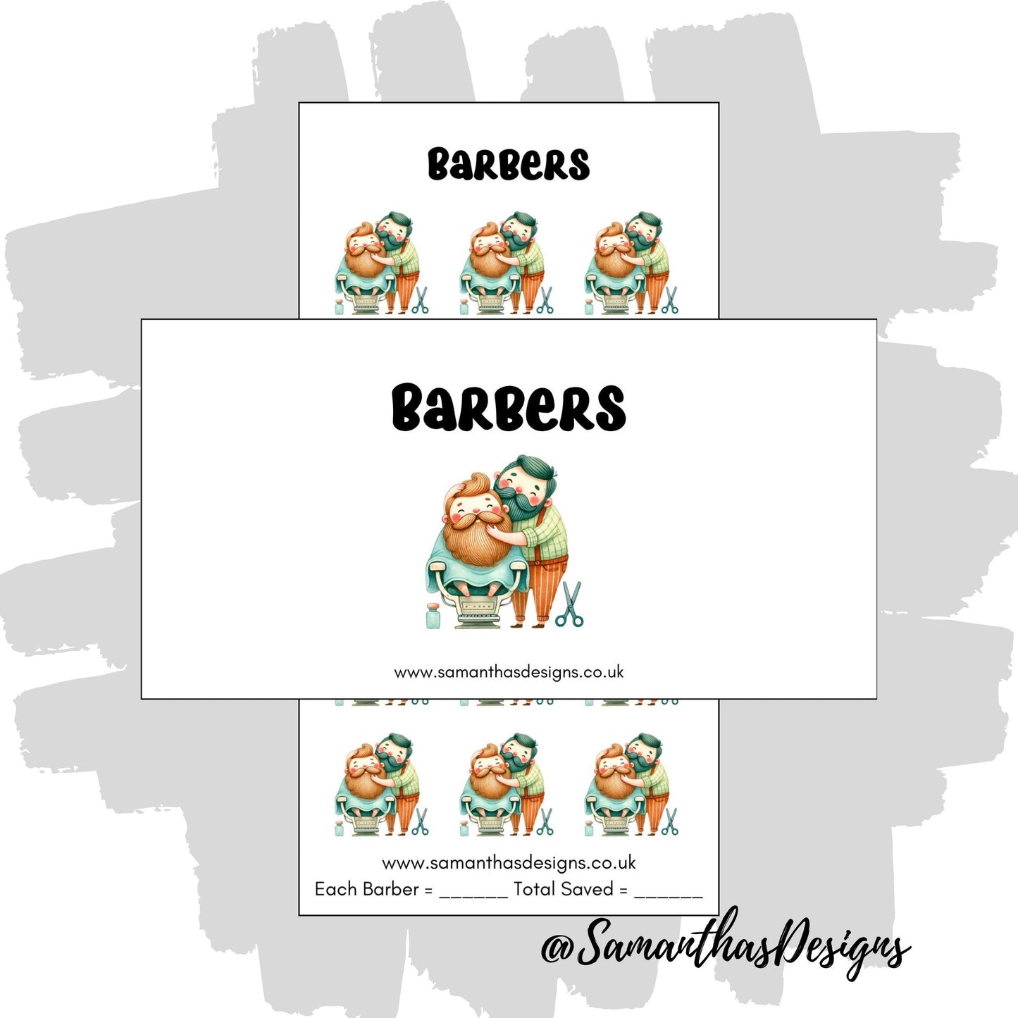 Barbers Savings Tracker on a white background with barber and client illustrations