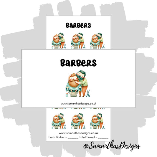Barbers Savings Tracker on a white background with barber and client illustrations