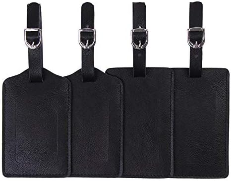 Set of four black luggage tags with straps on a white background