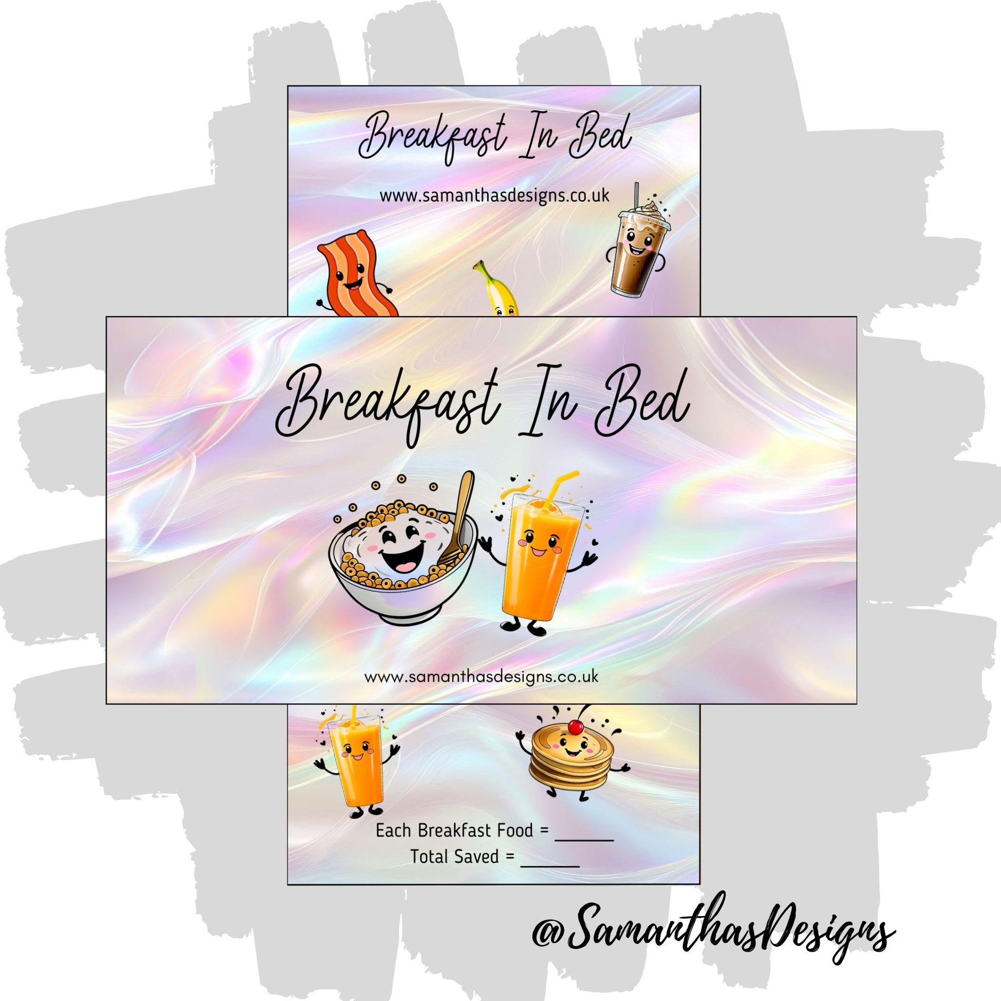 Breakfast In Bed savings tracker is on a iridescent background with cute kawaii breakfast item illustrations