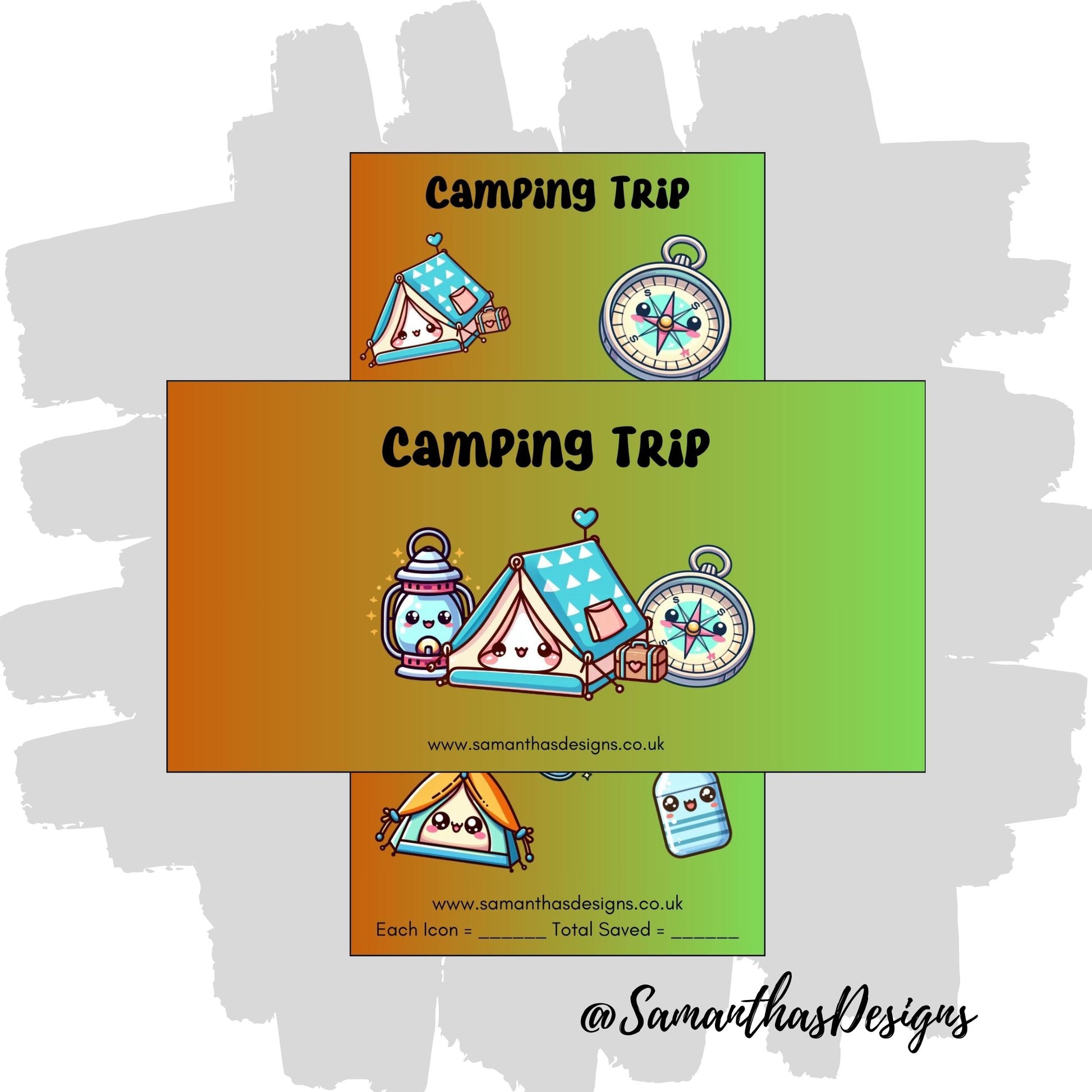 Camping Trip Savings Tracker on a orange to green gradient background with kawaii camping tool illustrations