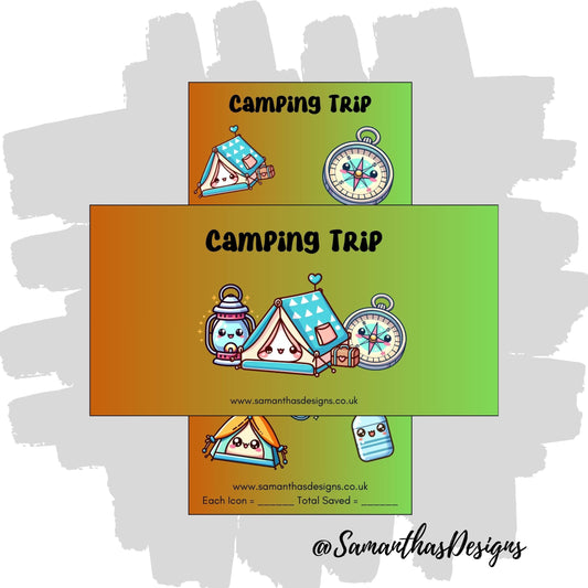 Camping Trip Savings Tracker on a orange to green gradient background with kawaii camping tool illustrations