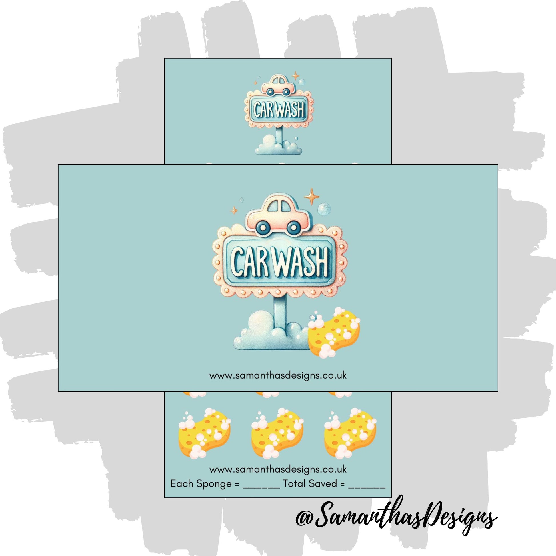 Car Wash Savings Tracker on a blue background with soap filled sponge illustrations