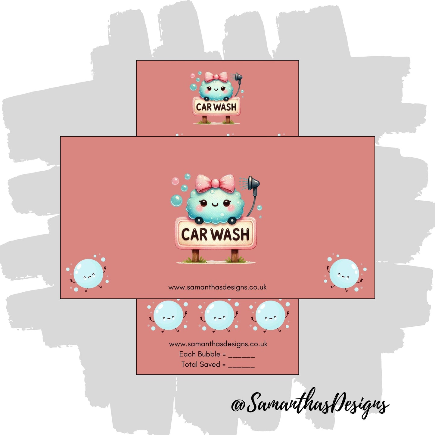 Car Wash Savings Tracker on a deep pink background with bubble illustrations
