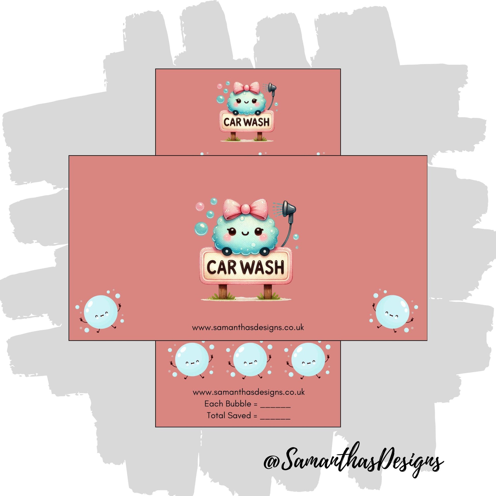 Car Wash Savings Tracker on a deep pink background with bubble illustrations