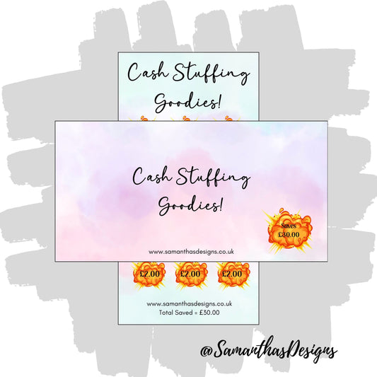 Savings Tracker and Cover Sleeve with purple and blue faded background, labelled Cash Stuffing Goodies - colourful explosions with £2 inside of each to help save £30