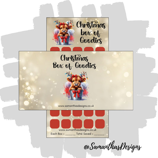 Christmas Box of Goodies savings tracker is on a gold sparkly background with a festive highland cow illustration and boxes to mark off savings