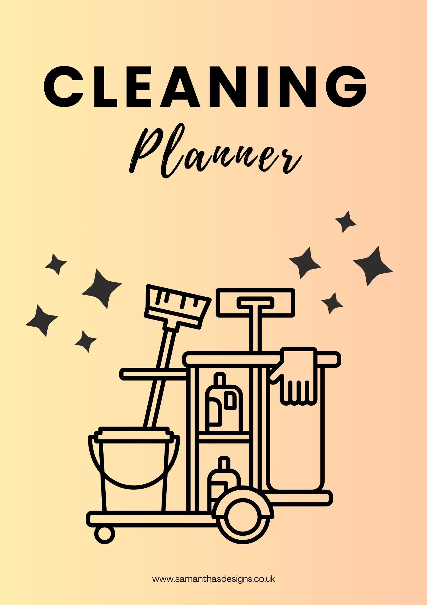 Cleaning Planner Cover Page - Available in A4 and A5 design - black writing with a black cleaning cart image - yellow and orange background