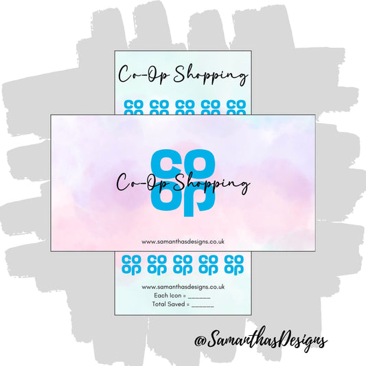 Co-Op Shopping Savings Tracker and Cover on a blue and purple pastel cloud effect background with the stores logo