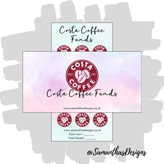 Costa Coffee Funds Savings Tracker and Cover on a blue and purple pastel cloud effect background with the stores logo