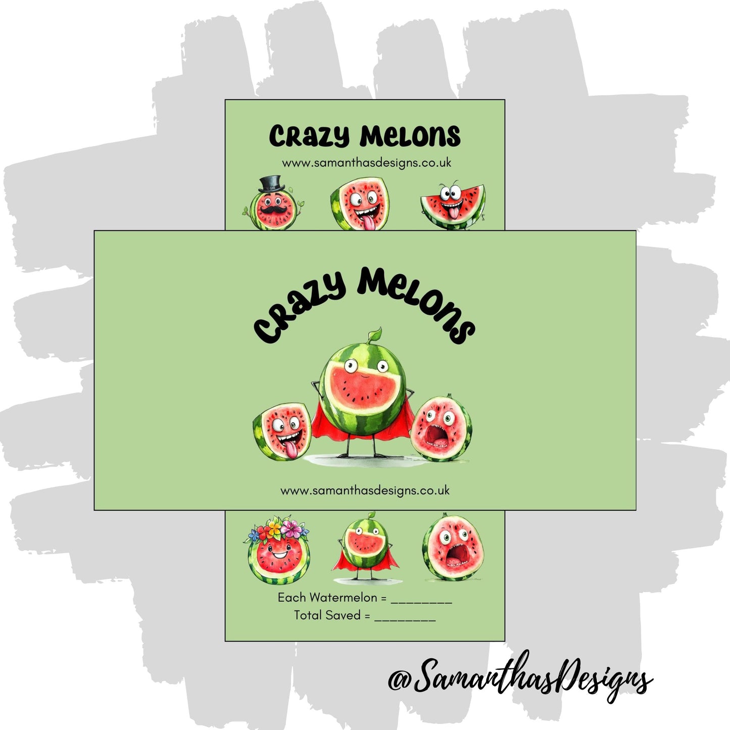 Crazy Melons Savings Tracker is on a green background with watermelons with faces illustrations