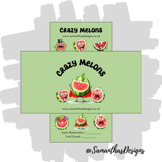 Crazy Melons Savings Tracker is on a green background with watermelons with faces illustrations