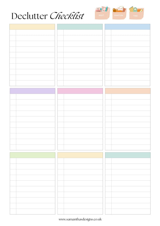 Minimalistic design of a decluttering checklist with 9 different sections and lines for each to break down rooms and tasks into more manageable tasks. 
