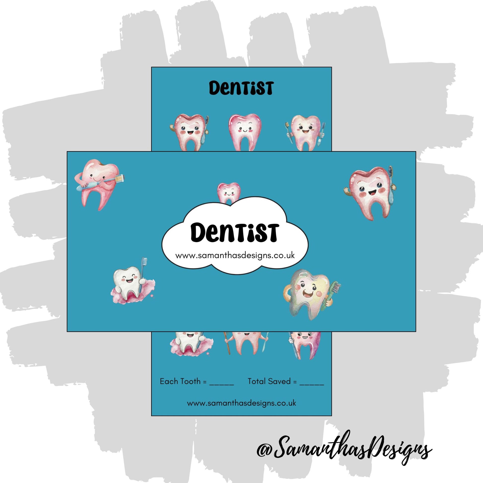 Dentist Savings Tracker on a blue background with teeth illustrations