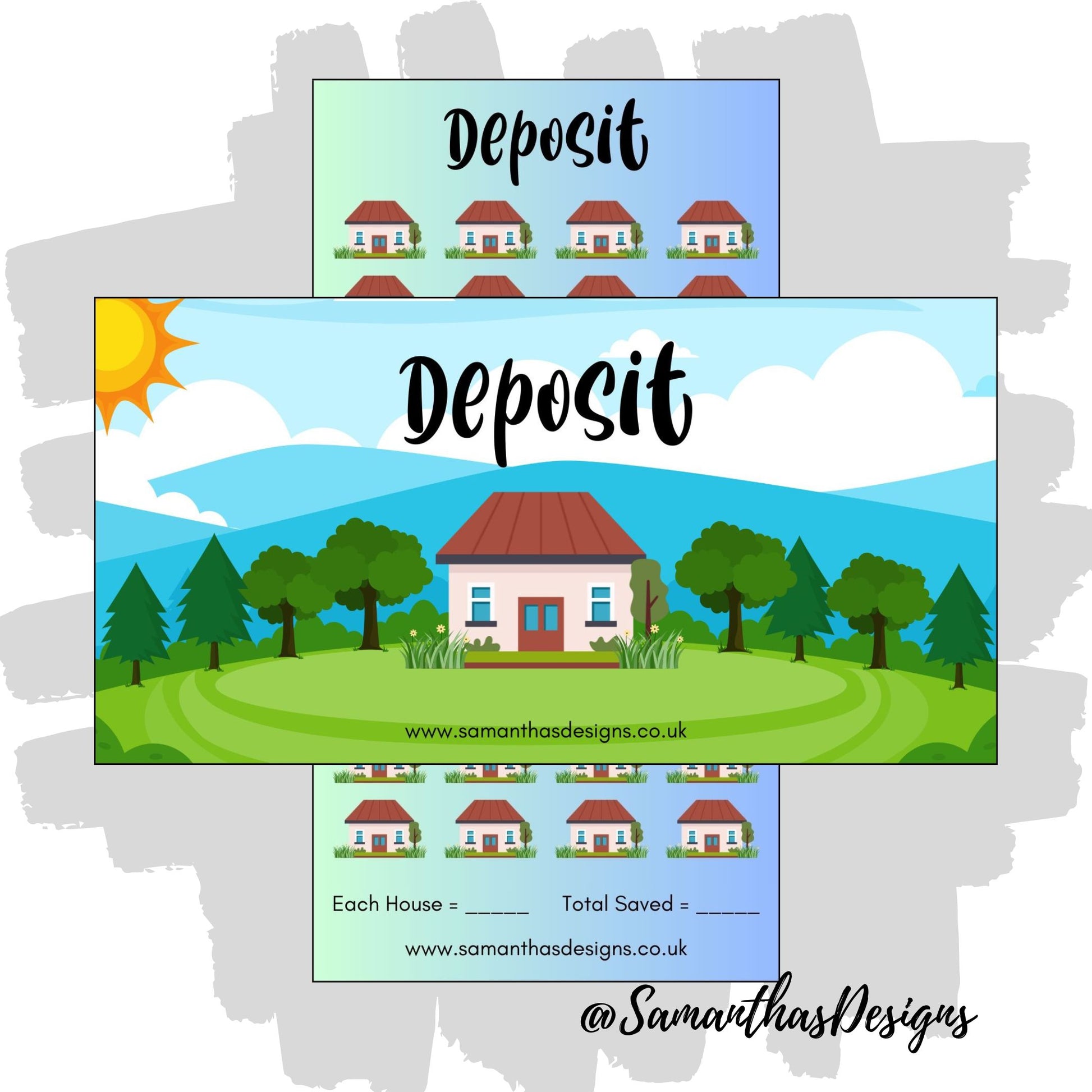 Deposit Savings Tracker is on a green to blue gradient background with house illustrations