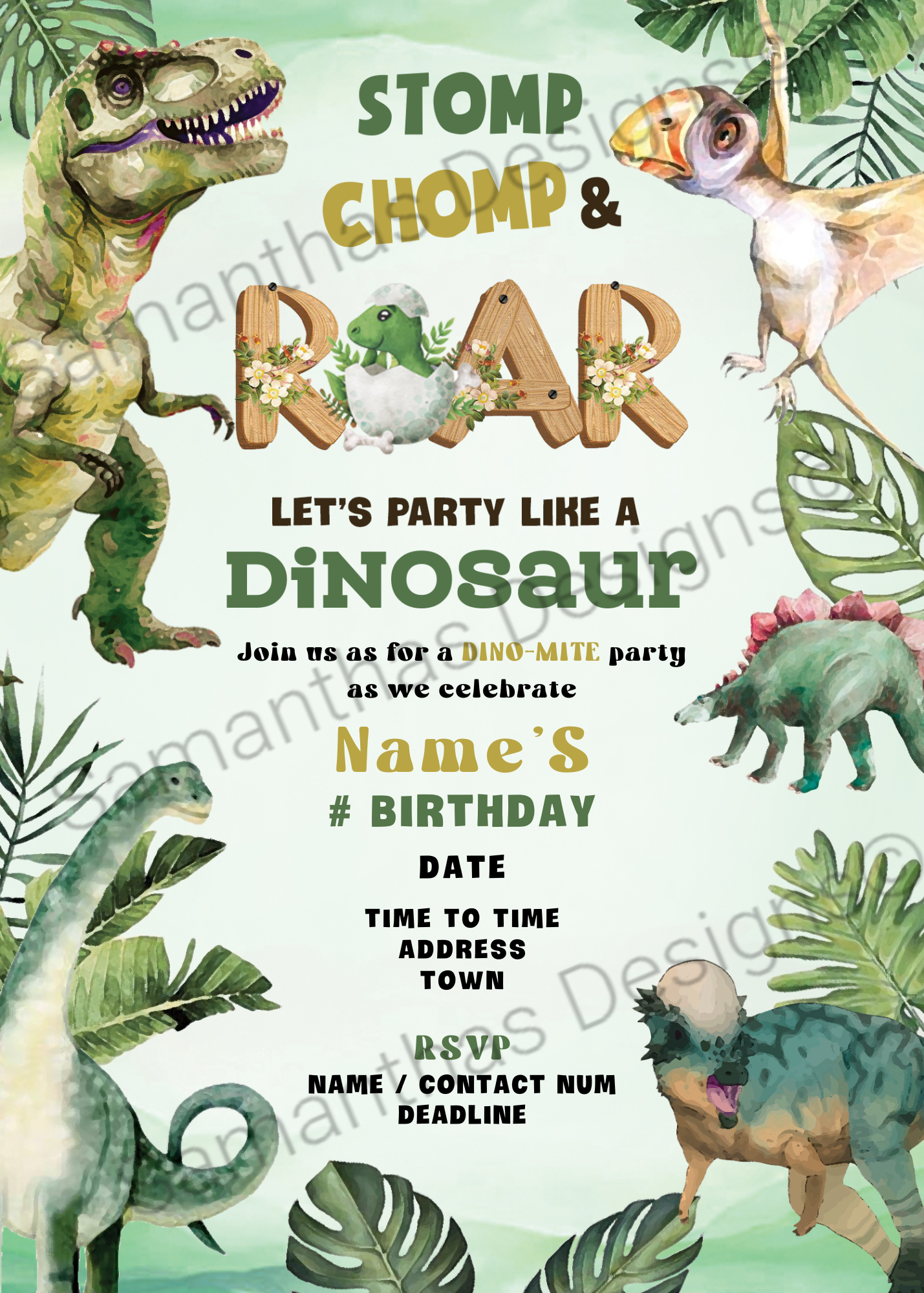 Stomp, Chomp & Roar Birthday Party Invitation