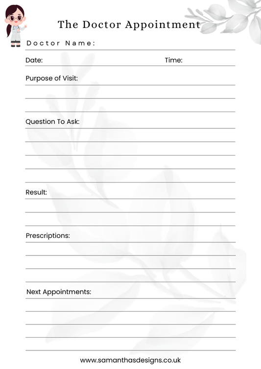 Doctors Appointment printable where you can log the name ofthe doctor seen, date, time, purpose for your appointment , any questions to ask, results, prescriptions and log any follow on appointments. 