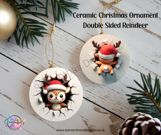 Ceramic Christmas Ornament - Reindeer - Double Sided