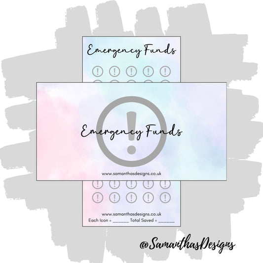 Savings Tracker and Cover Sleeve with pastel purple and blue ombre background, labelled Emergency Funds - grey icons with exclamation marks to help save your chosen amount