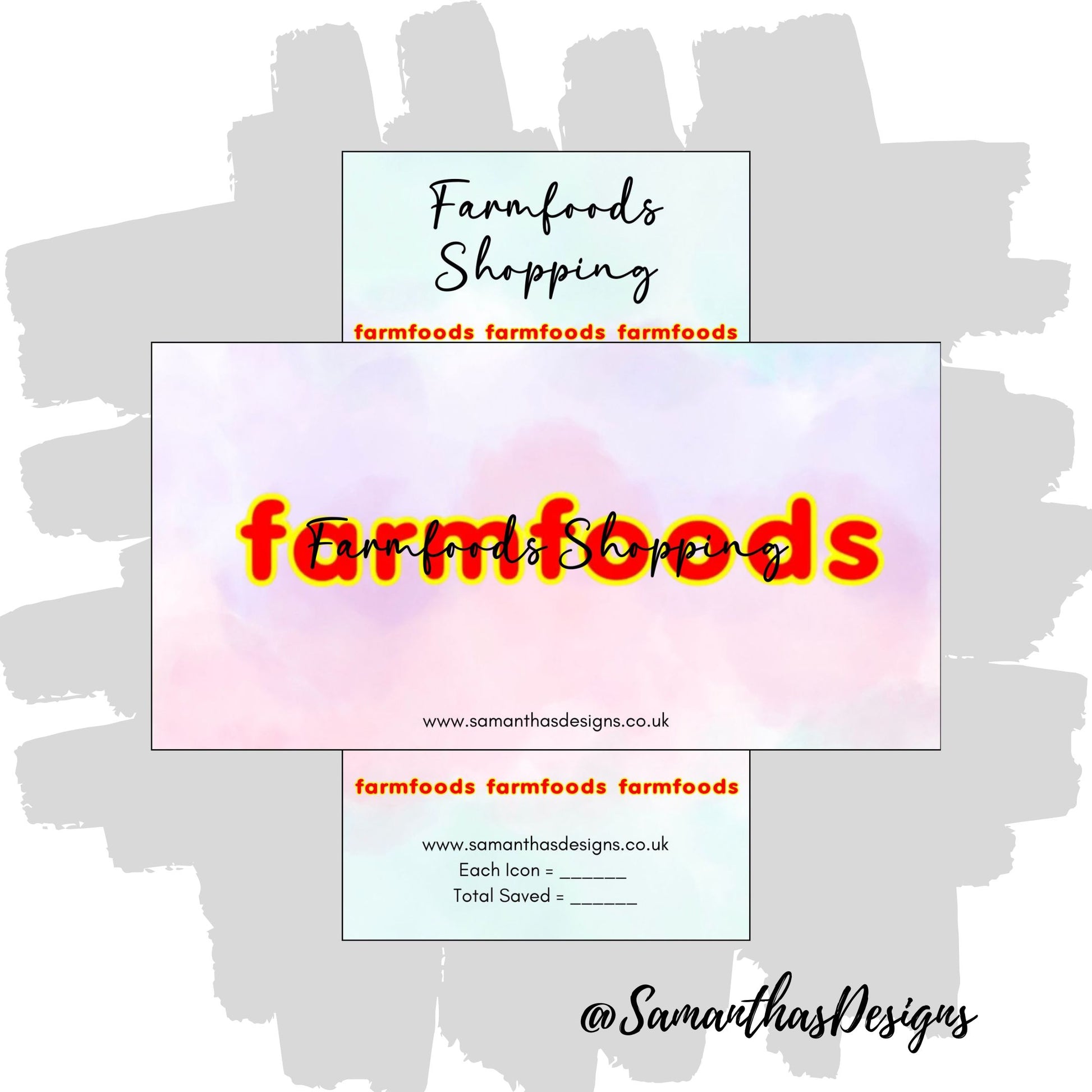Farmfoods Shopping Savings Tracker and Cover on a blue and purple pastel cloud effect background with the stores logo
