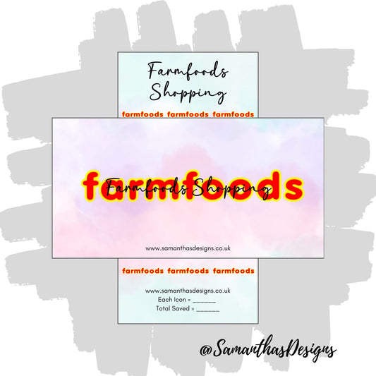 Farmfoods Shopping Savings Tracker and Cover on a blue and purple pastel cloud effect background with the stores logo