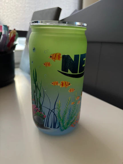 Finding Nemo Illustrations on a green and blue ombre plastic tumbler cup