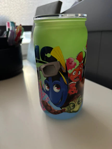 Finding Nemo Illustrations on a green and blue ombre plastic tumbler cup