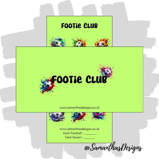 Footie Club Savings Tracker on a green background with watercolour splashbacked football illustrations