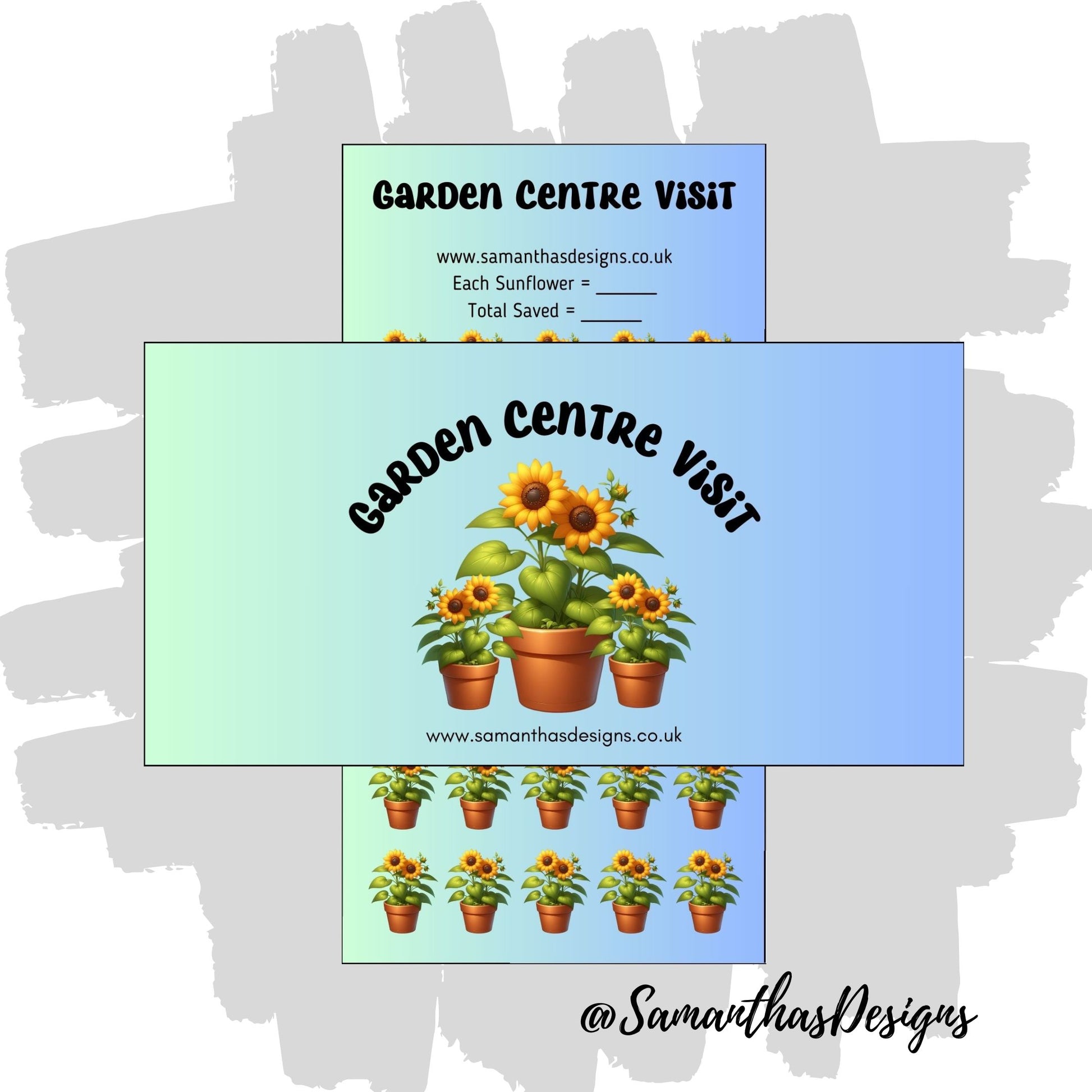 Garden Centre Visit Savings Tracker on a green to blue gradient background with potted sunflower illustrations