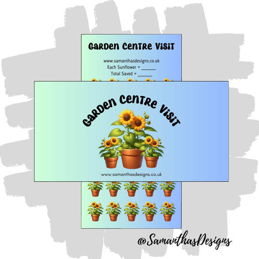 Garden Centre Visit Savings Tracker on a green to blue gradient background with potted sunflower illustrations