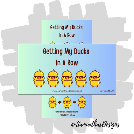 Getting My Ducks In A Row Savings Tracker is on a teal to blue gradient background with duck illustrations