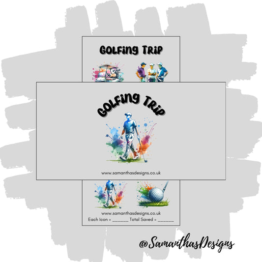 Golfing Trip Savings Tracker on a grey background with watercolour golf illustrations.