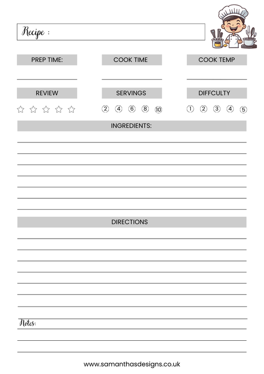 Grey minimalistic recipe page - with space for prep time, cook time, cooking temperature, review, servings, difficulty, ingredients and directions and even notes! Cute chef image in the corner