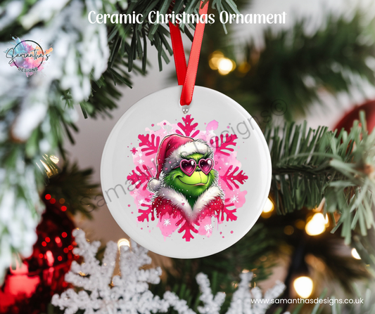 Ceramic Christmas Ornament - Pink Grinch