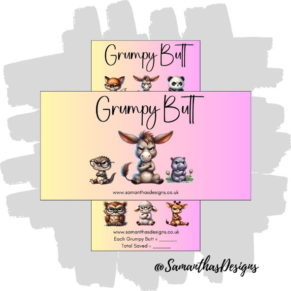 Grumpy Butt Savings Tracker is on a yellow to pink gradient background featuring animals sad down looking very grumpy.