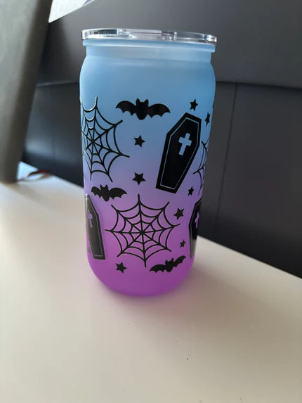 Halloween Themed Plastic Blue and Purple Ombre coloured Tumbler with black stars, cobwebs, bats and coffins illustrations