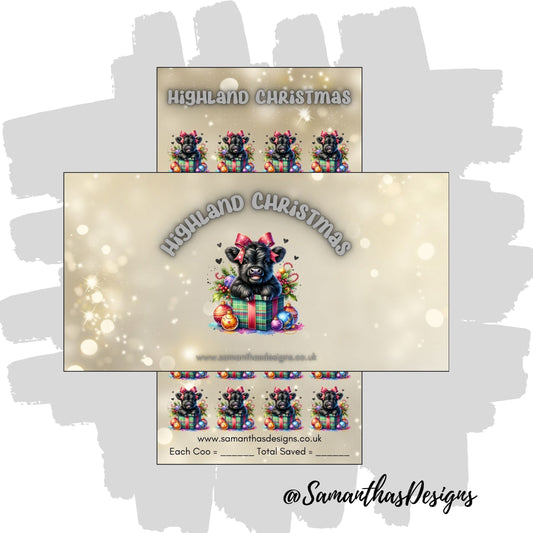 Highland Christmas Savings Tracker with a gold sparkly background and a festive highland cow illustrations