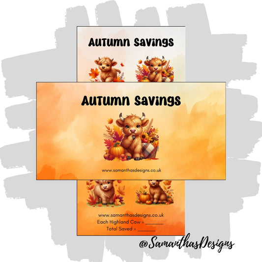 Highland Cow Autumn Savings tracker with a orange, yellow and white clouded background with cute highland cow autumn themed design illustrations
