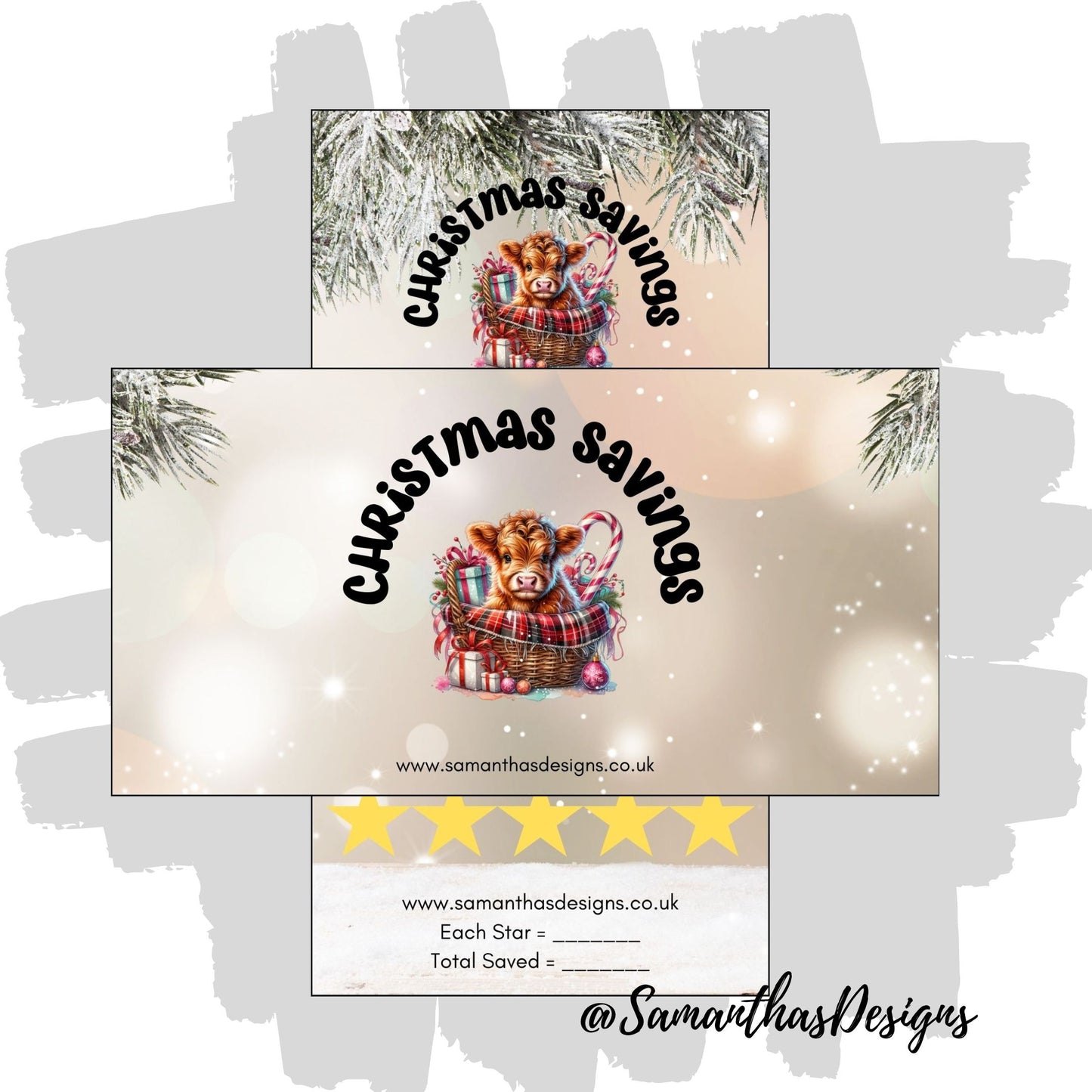 Highland Cow Christmas Savings Tracker on a starry holly topped background with a christmas themed highland cow and star illustrations