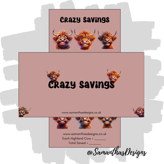 Highland Cow Crazy Savings Tracker on a pale brownish red background with images of crazy smiling highland cows 