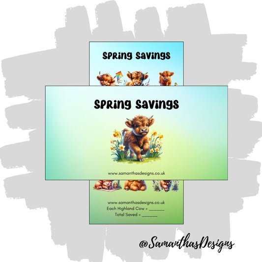 Highland Cow Spring Savings Tracker on a blue and green ombre background with cute spring themed highland cow illustrations
