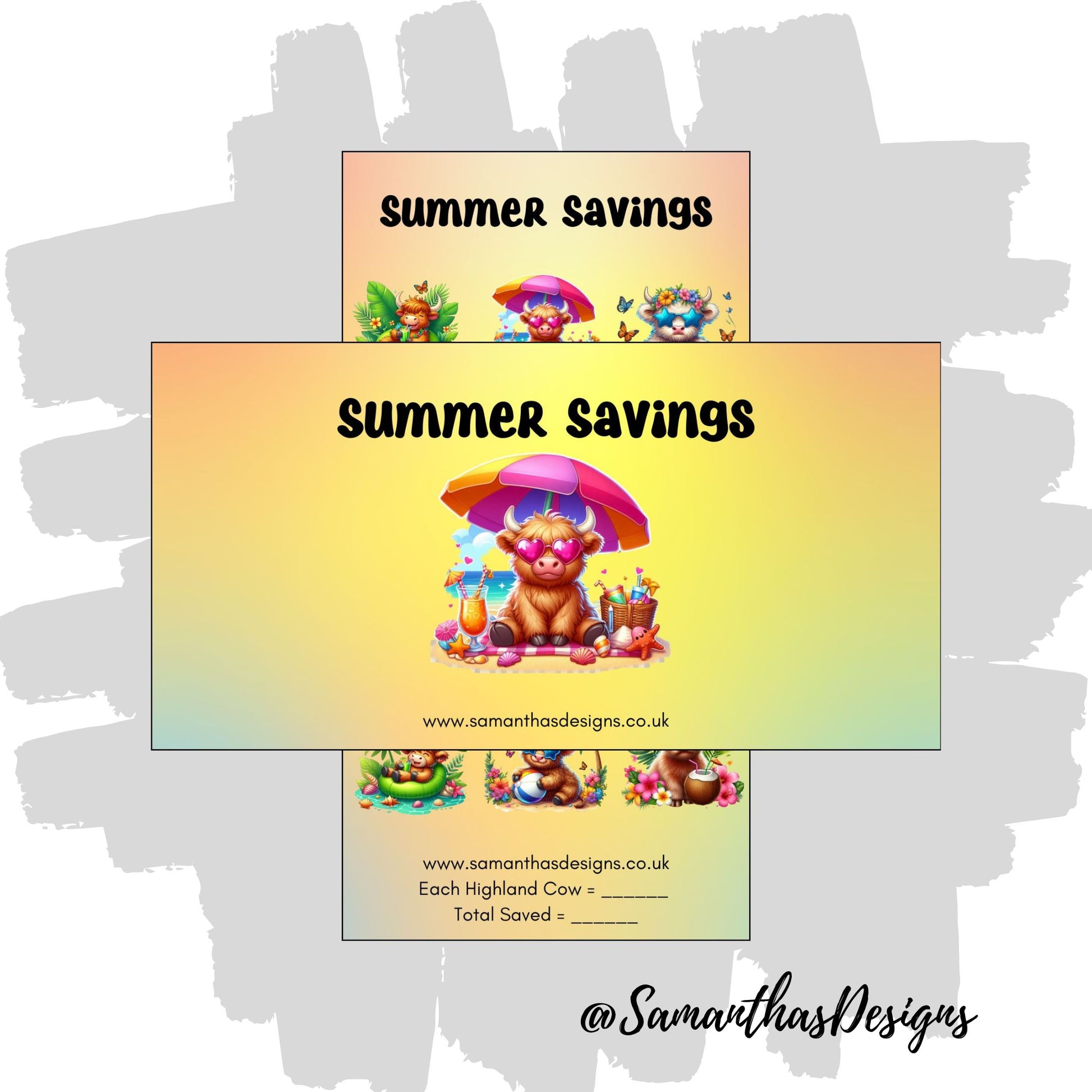 Colourful 'Summer Savings' design with a Highland cow character and rainbow elements, featuring Samantha's Designs branding.