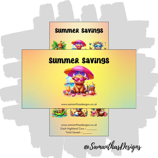 Colourful 'Summer Savings' design with a Highland cow character and rainbow elements, featuring Samantha's Designs branding.